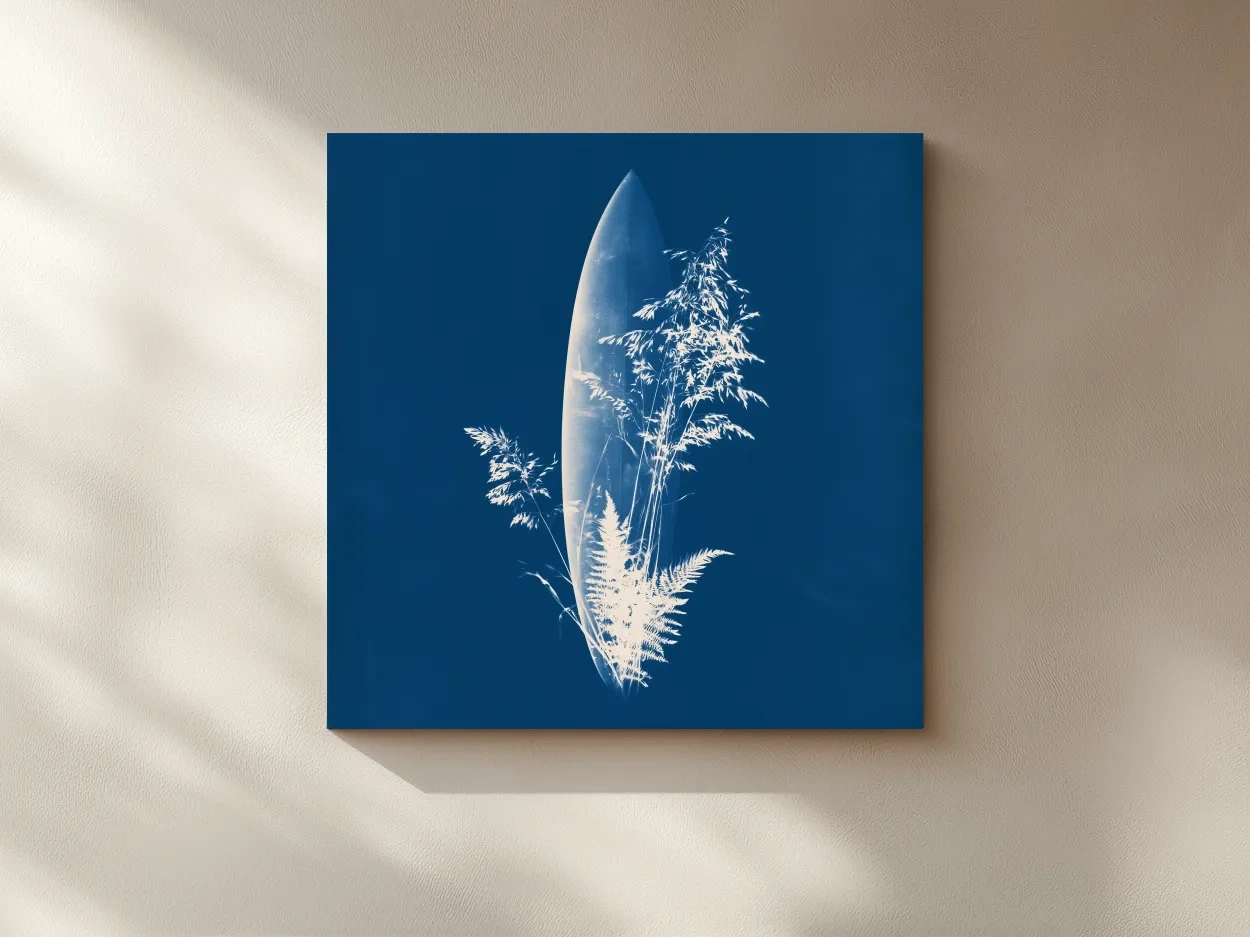 Cyanotype Surfboard Botanical Illustration - Hamptons Coastal Wall Art