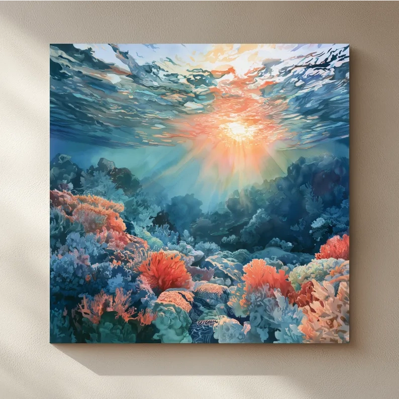 Sunlit Coral Reef Seascape Painting - Vibrant Underwater Wall Art