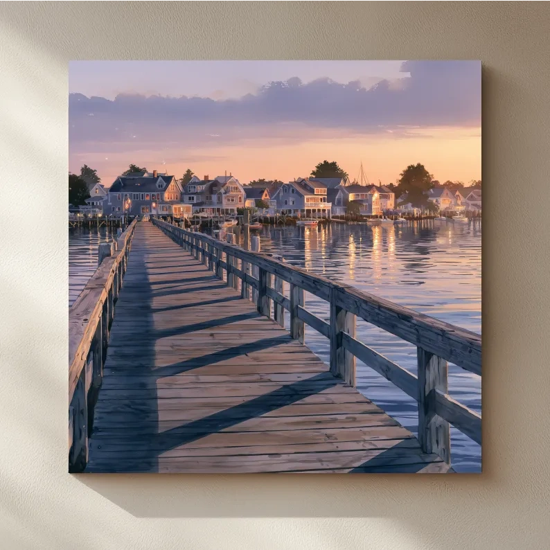 Golden Hour Harbor Boardwalk Painting - Serene Coastal Wall Art
