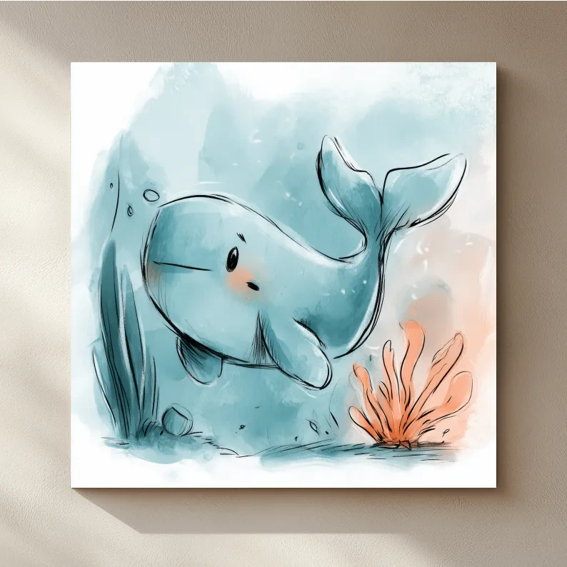 Cute Underwater Whale Watercolour Illustration - Nursery Marine Life Wall Art
