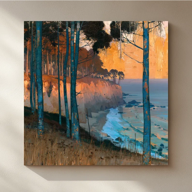 Abstract Coastal Cliffs And Pine Trees - Golden Sunset Illustration Wall Art