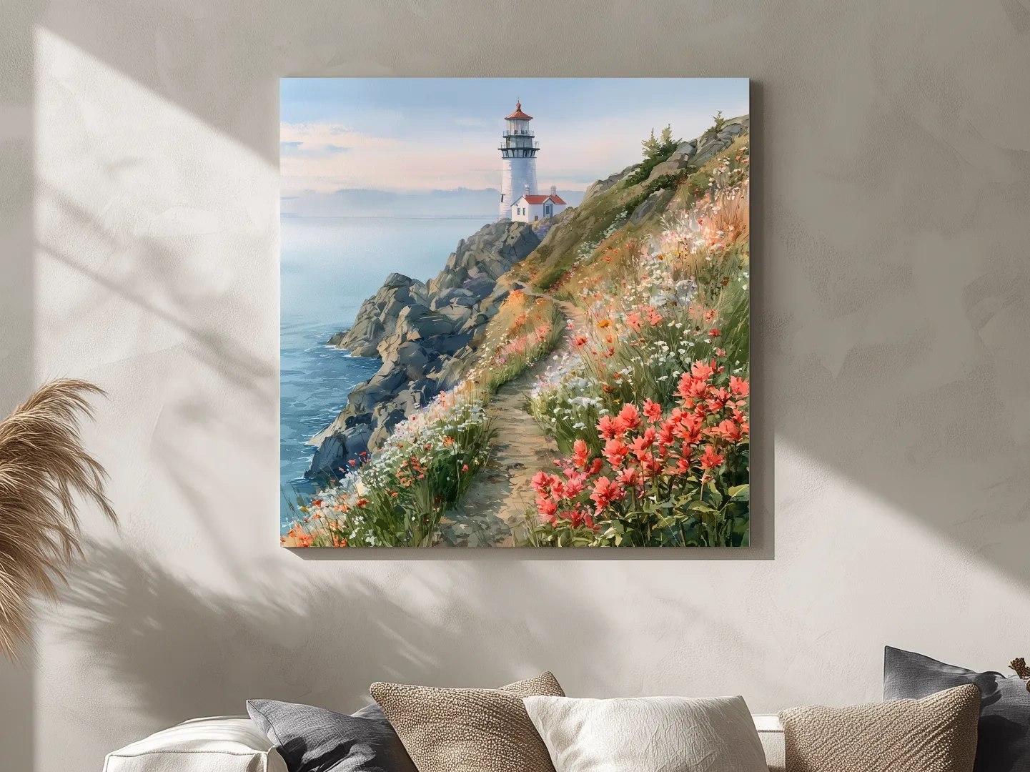 Wildflower Cliff Lighthouse Painting - Serene Coastal Wall Art