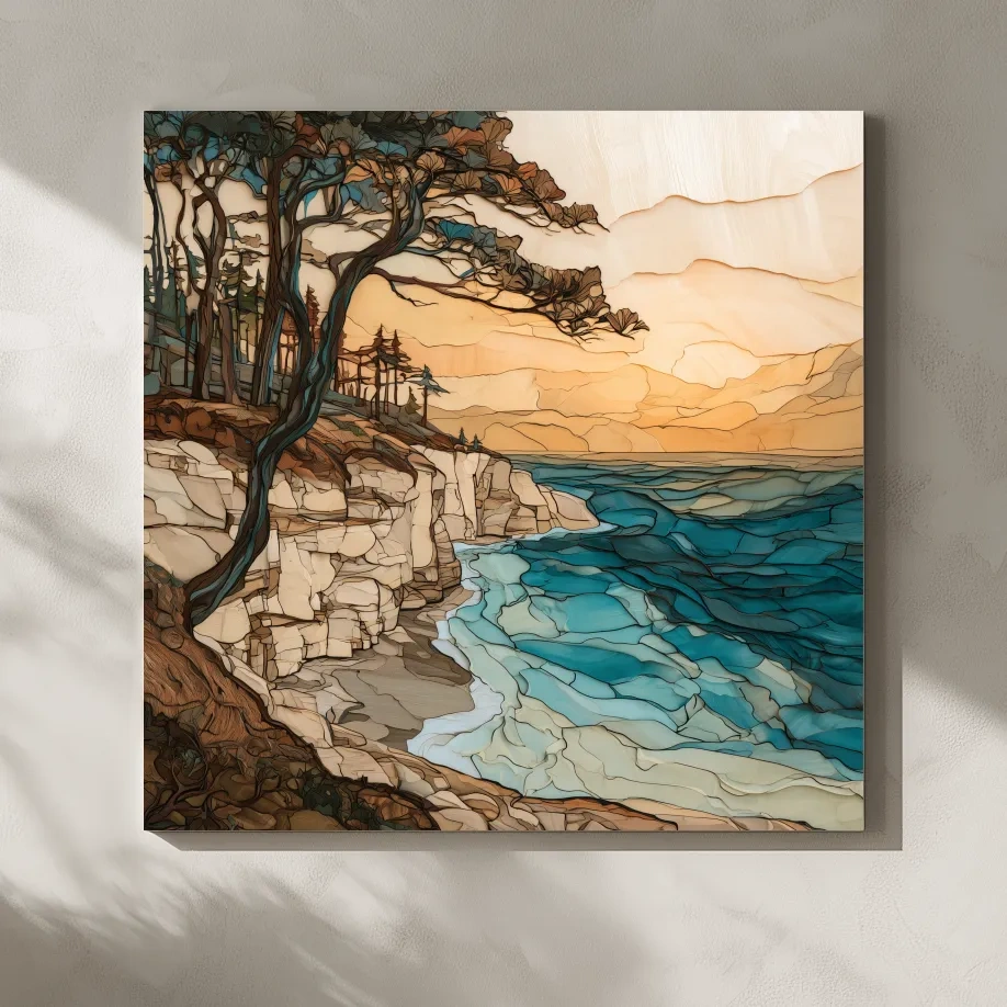 Abstract Coastal Cliffs And Windswept Trees - Ocean Illustration Wall Art