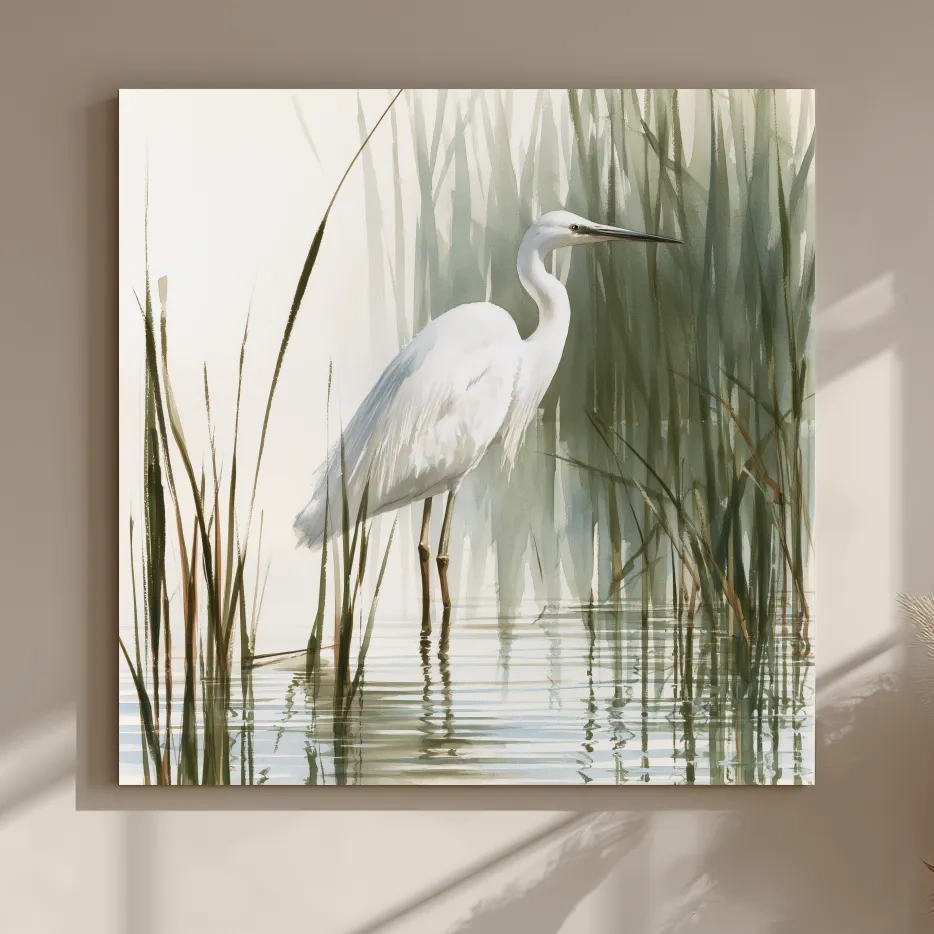 Serene White Heron Watercolor - Marsh Bird Wall Art