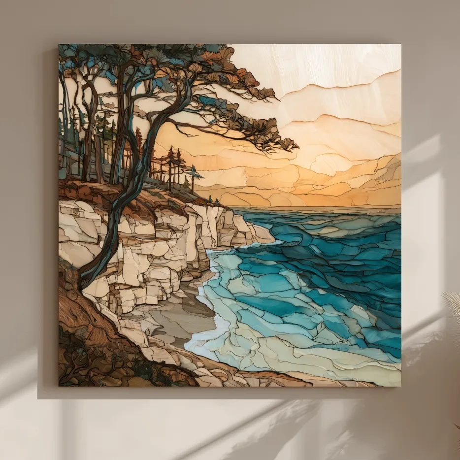 Abstract Coastal Cliffs And Windswept Trees - Ocean Illustration Wall Art