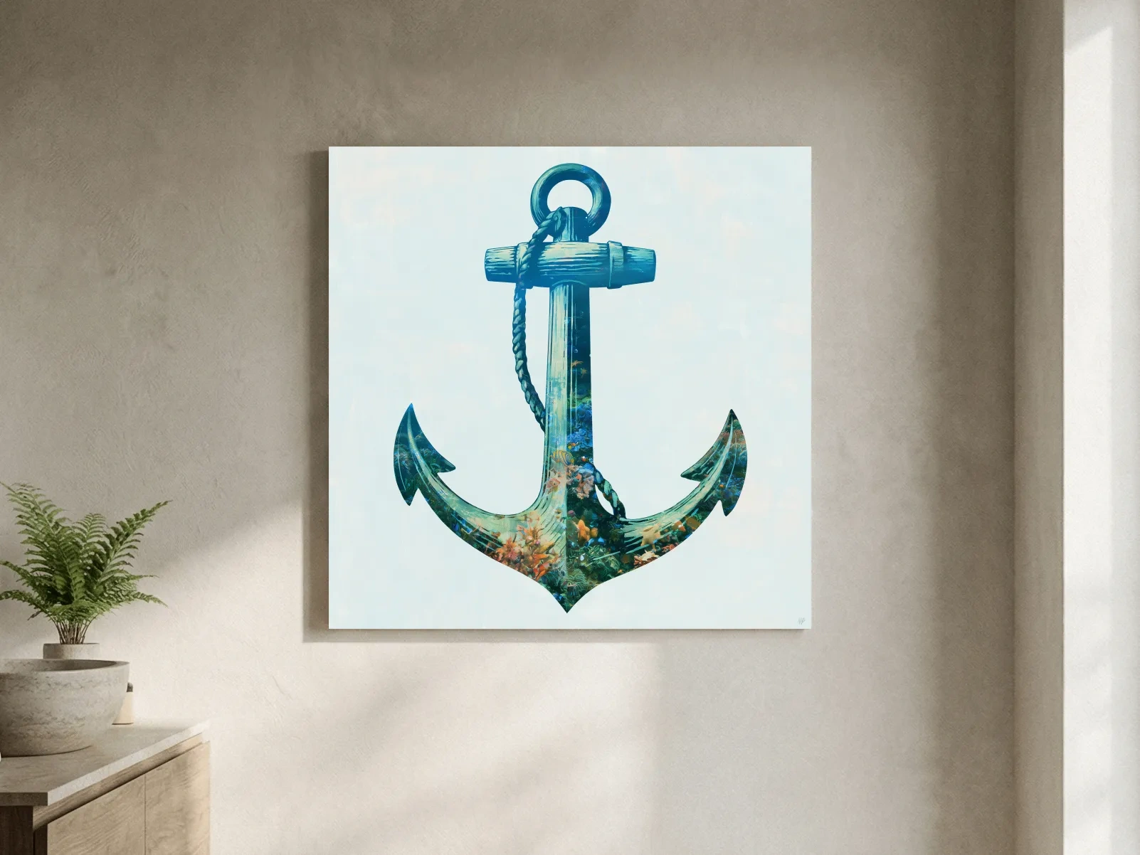 Underwater Anchor Double Exposure - Minimalist Marine Illustration Wall Art