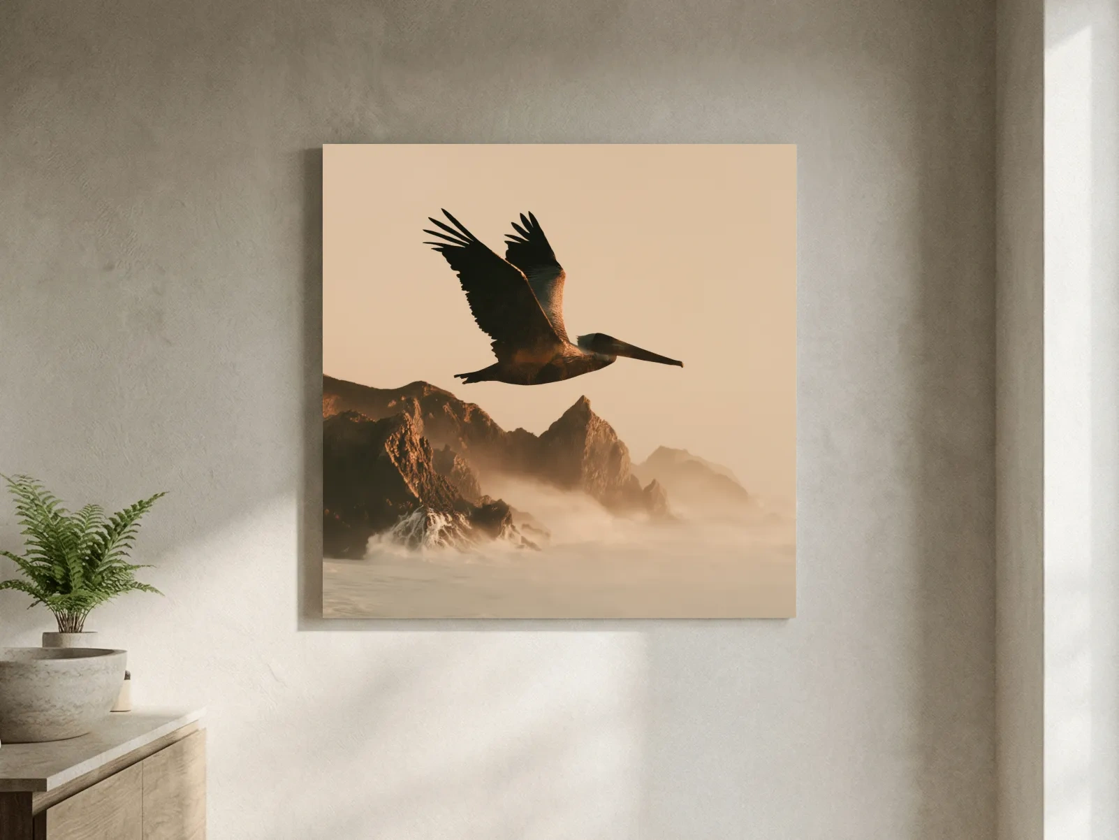 Majestic Pelican Silhouette Over Misty Coastline - Photographic Style Wall Art