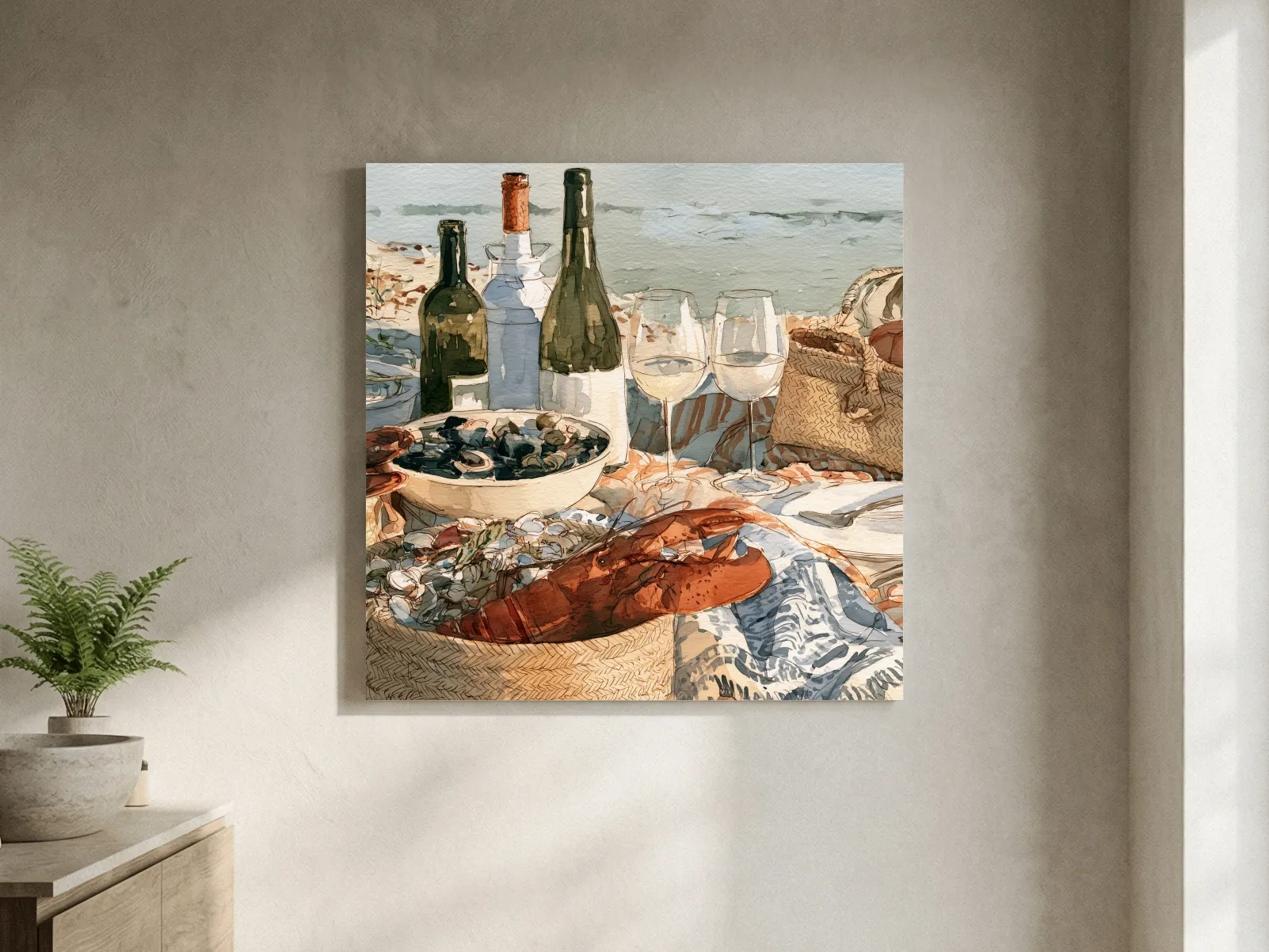 Watercolor Lobster Wine Picnic - Coastal Still Life Wall Art