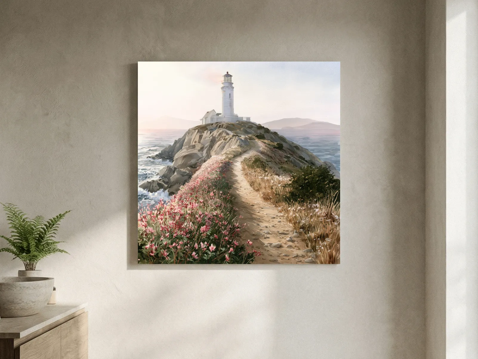 Lighthouse Cliff Painting - Serene Landscape Wall Art