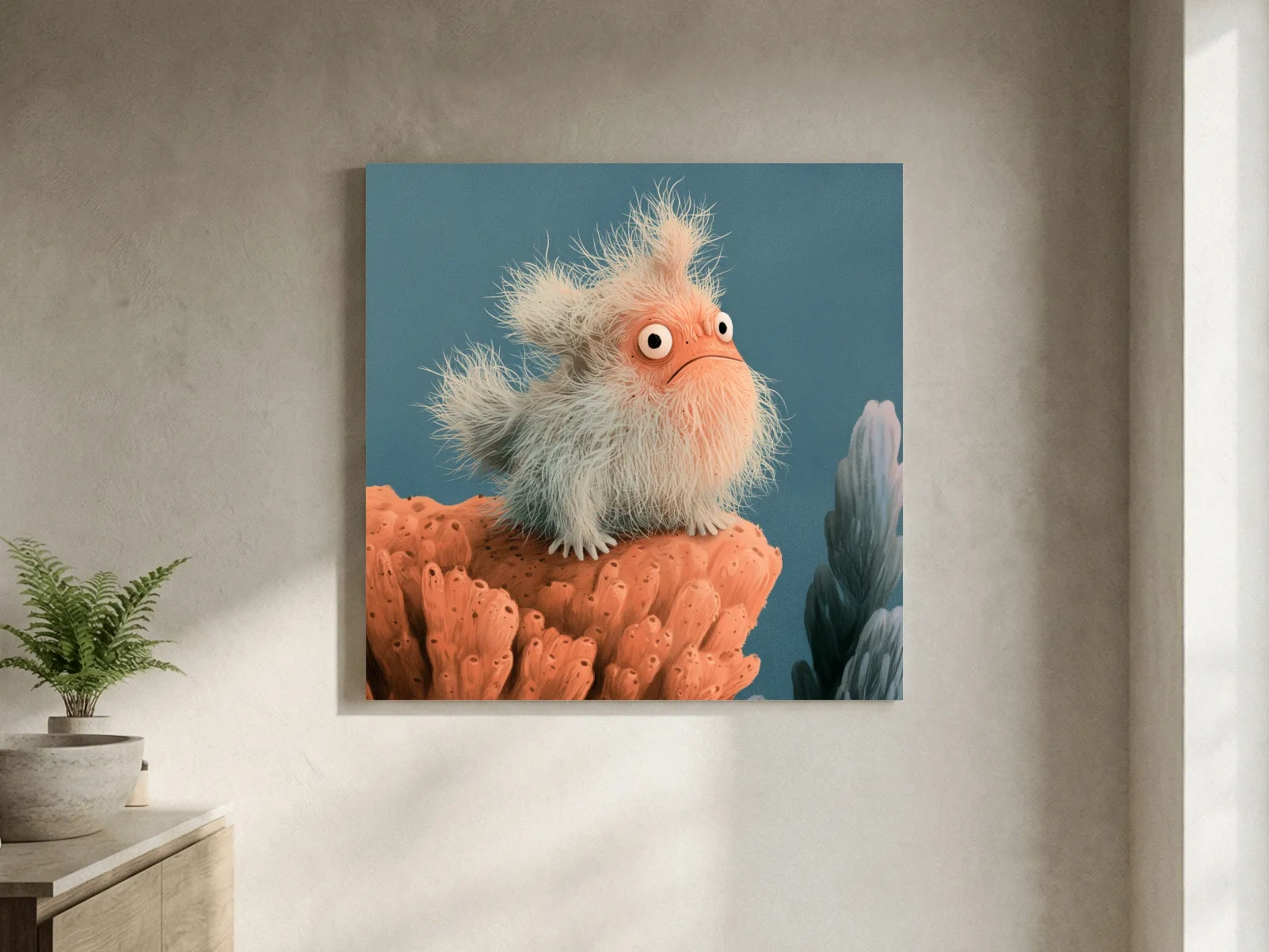 Whimsical Scandi Furry Frogfish Painting - Quirky Marine Life Wall Art