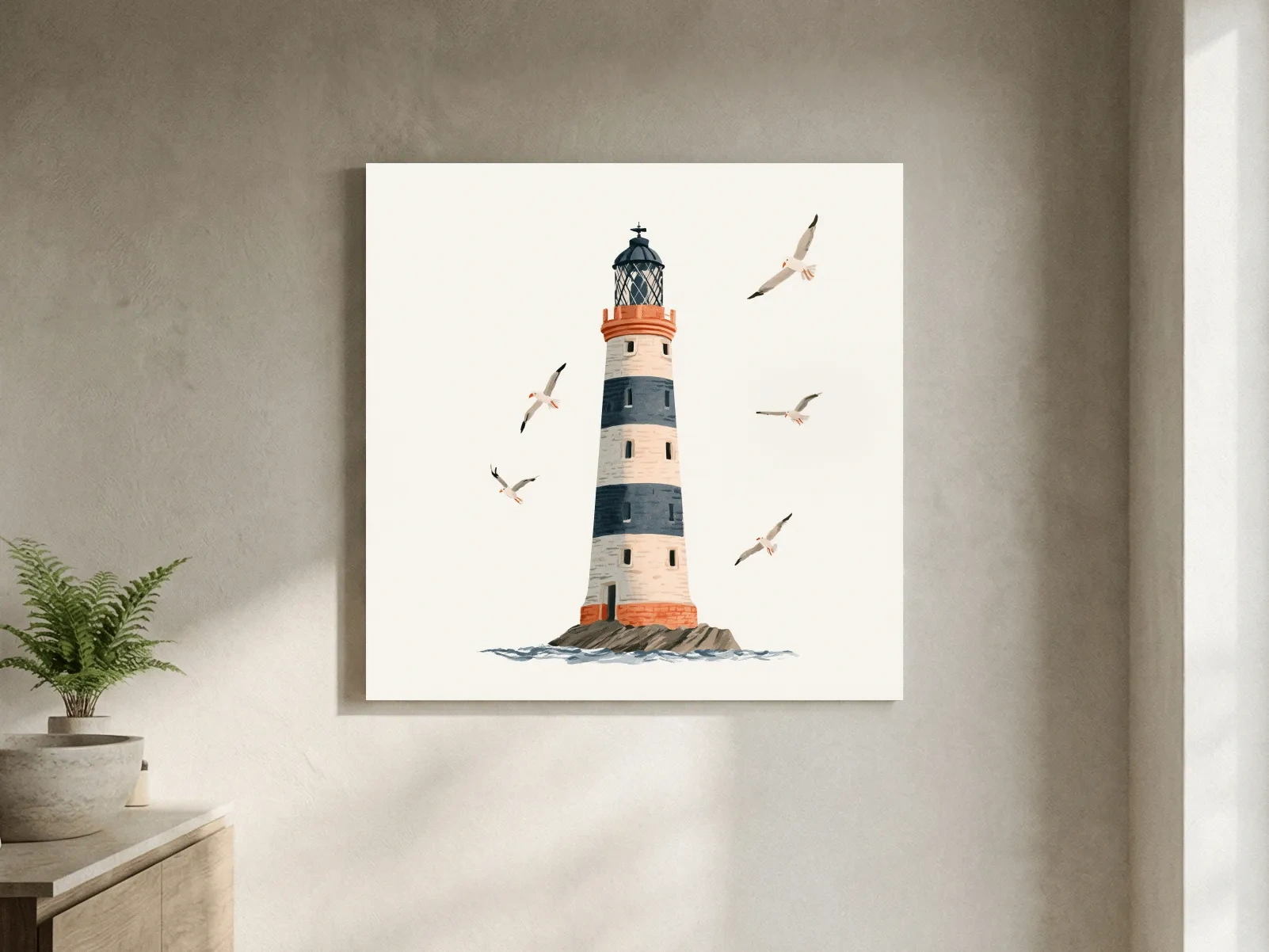 Whimsical Scandi Lighthouse Painting - Coastal Seagull Wall Art