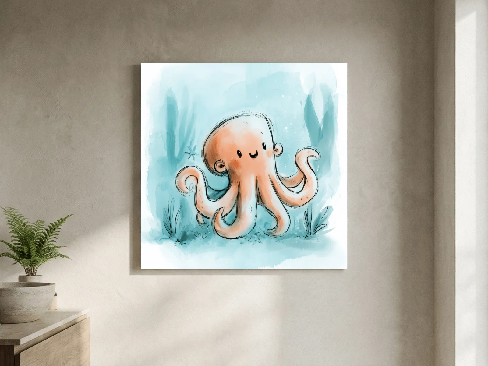 Cute Happy Octopus Underwater - Watercolour Marine Life Illustration