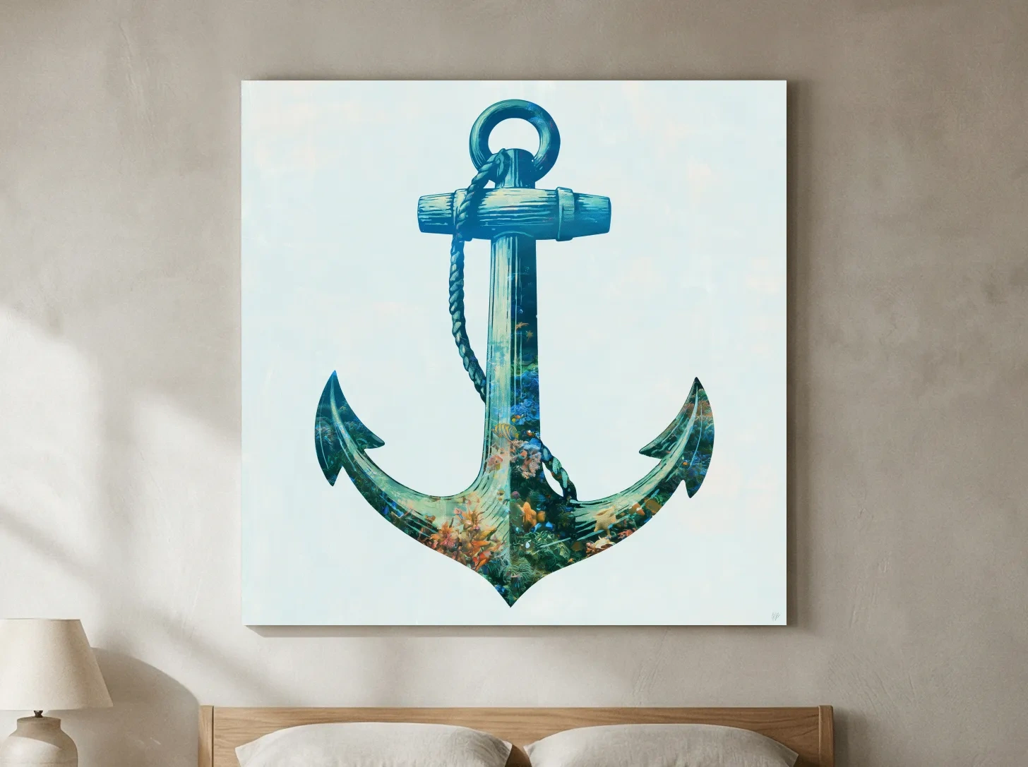 Underwater Anchor Double Exposure - Minimalist Marine Illustration Wall Art