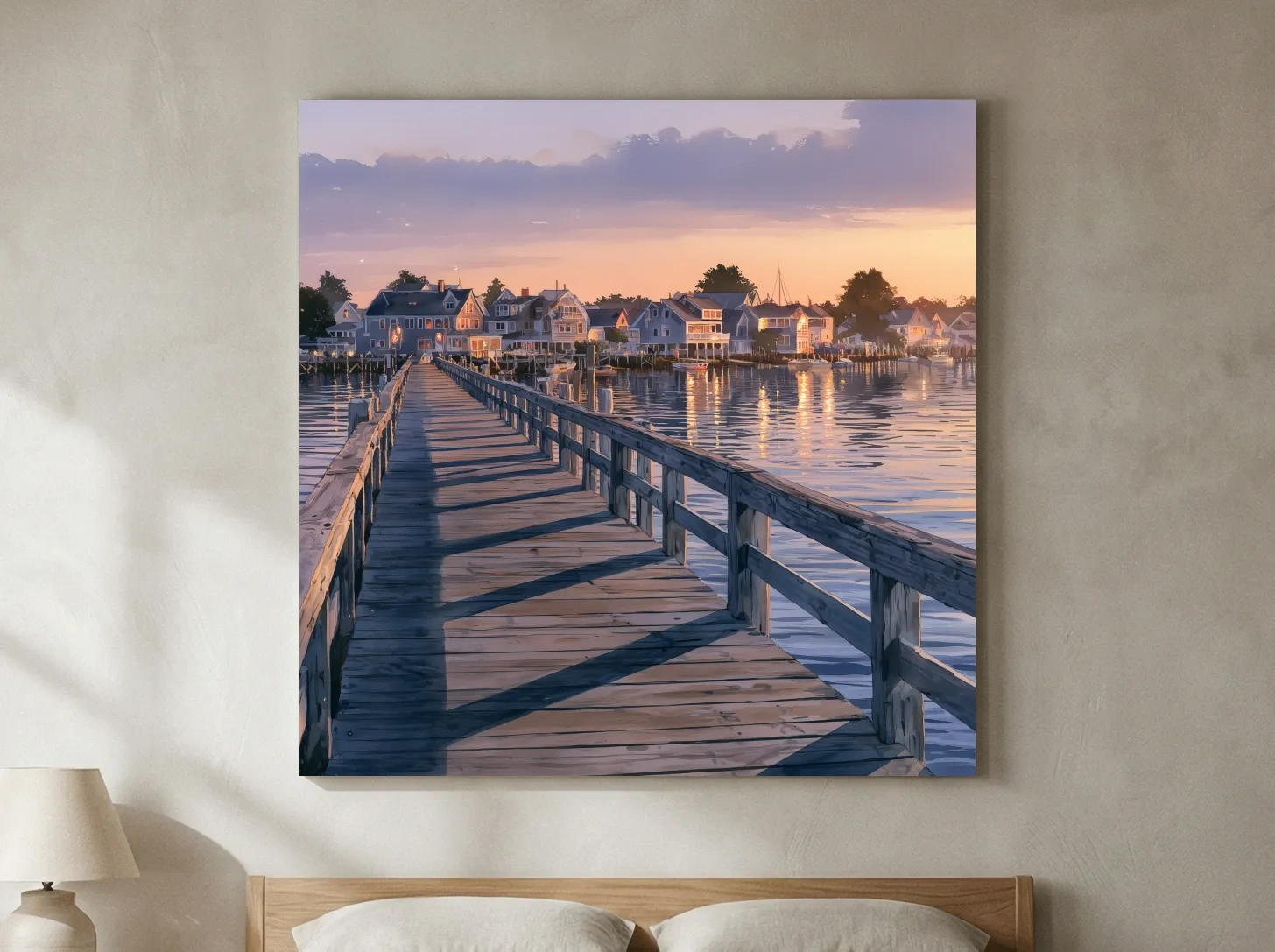 Golden Hour Harbor Boardwalk Painting - Serene Coastal Wall Art
