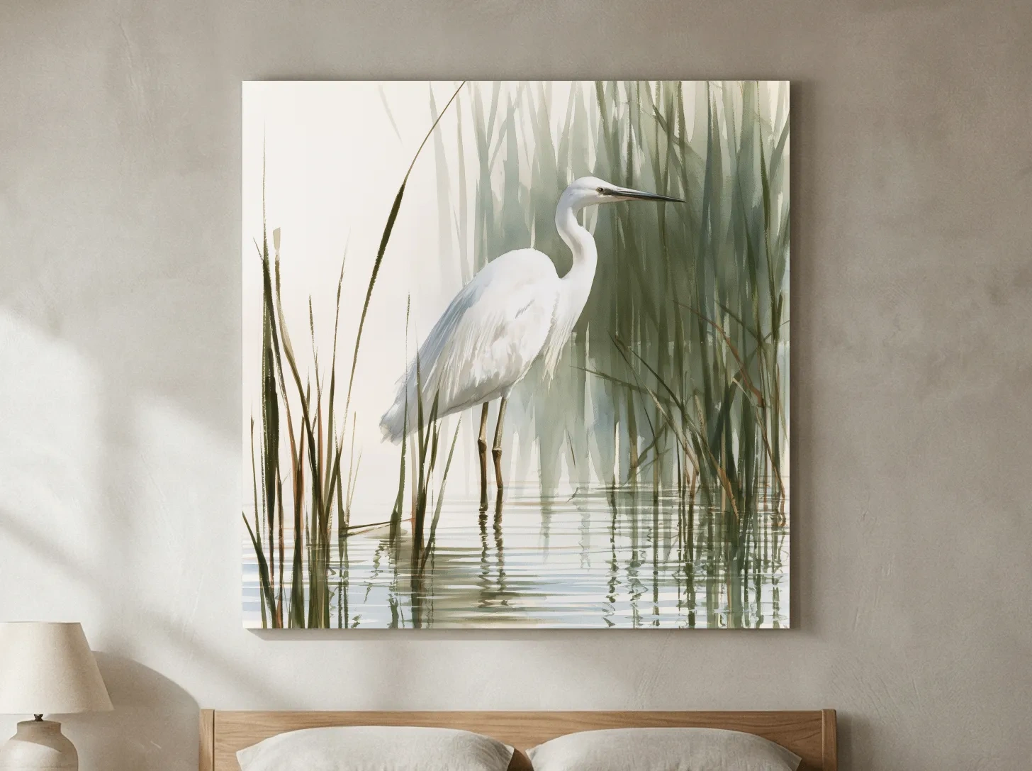 Serene White Heron Watercolor - Marsh Bird Wall Art