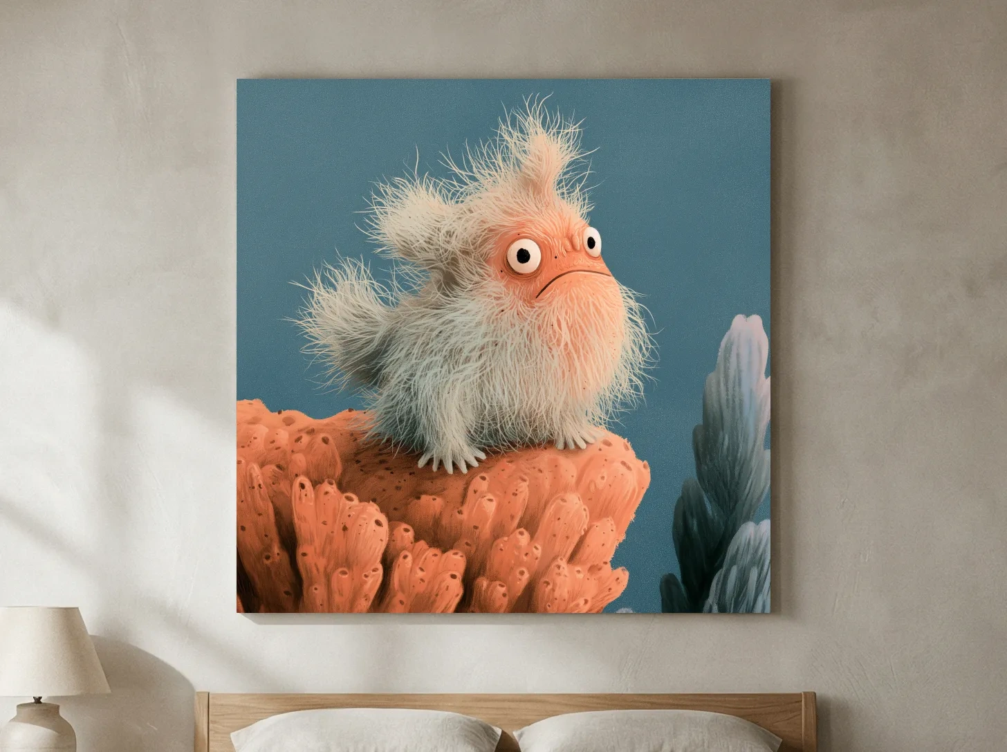 Whimsical Scandi Furry Frogfish Painting - Quirky Marine Life Wall Art