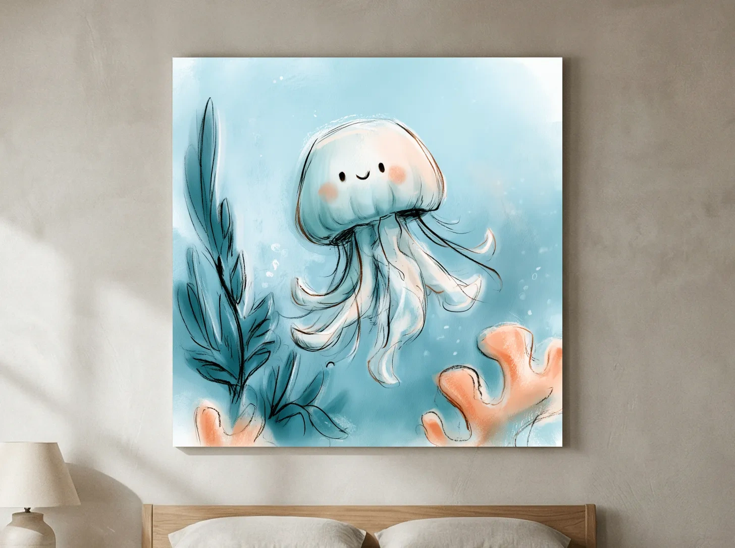 Cute Jellyfish Underwater Watercolour Illustration - Whimsical Marine Life Wall Art