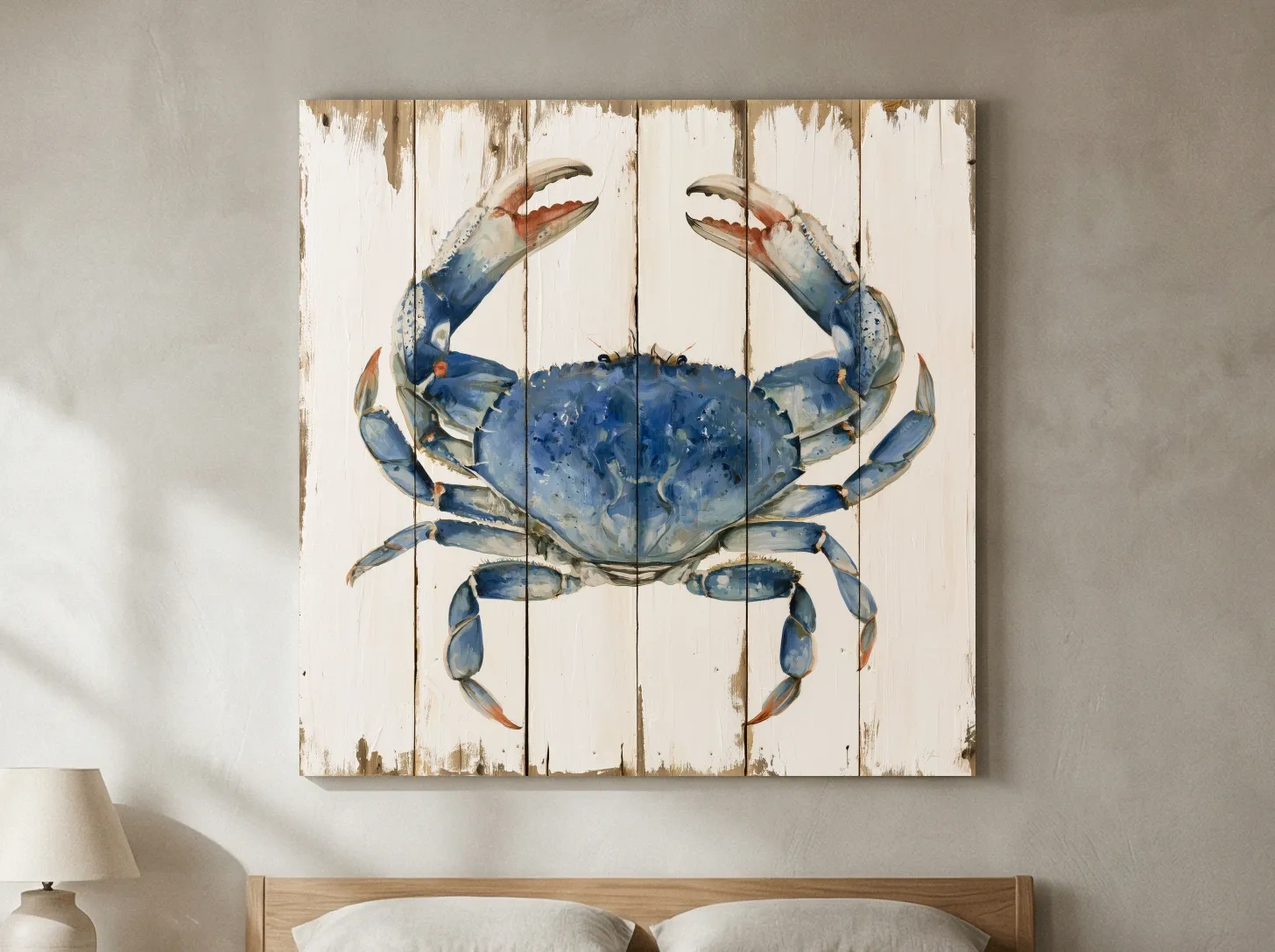 Blue Crab Painting on Wood Effect - Rustic Coastal Marine Life Wall Art