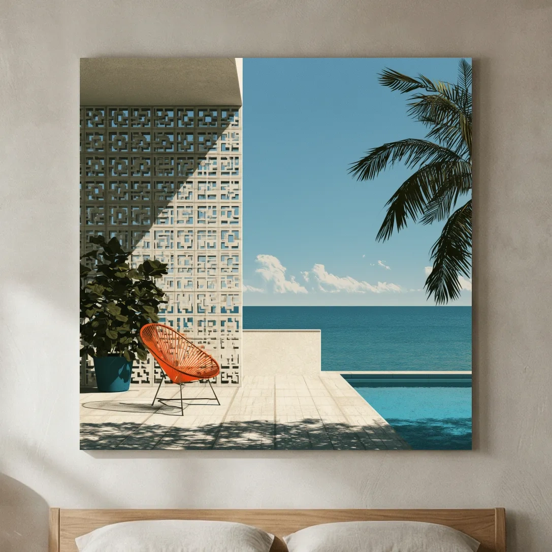 Mid Century Tropical Patio Illustration - Modern Ocean Wall Art