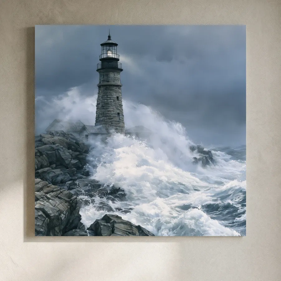 Stormy Lighthouse Seascape Painting - Dramatic Ocean Wall Art