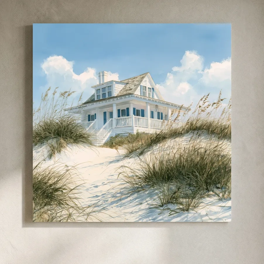 Serene Beach Cottage Painting - Coastal Dune House Wall Art