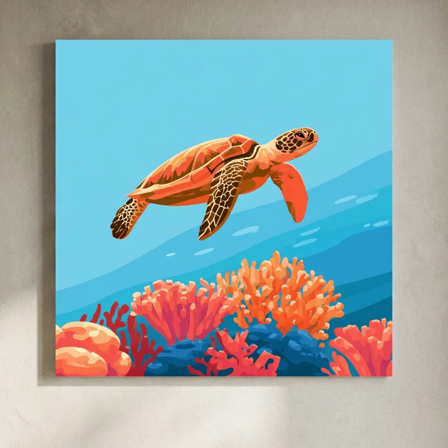 Mid-Century Sea Turtle Reef - Minimalist Vector Marine Life Art