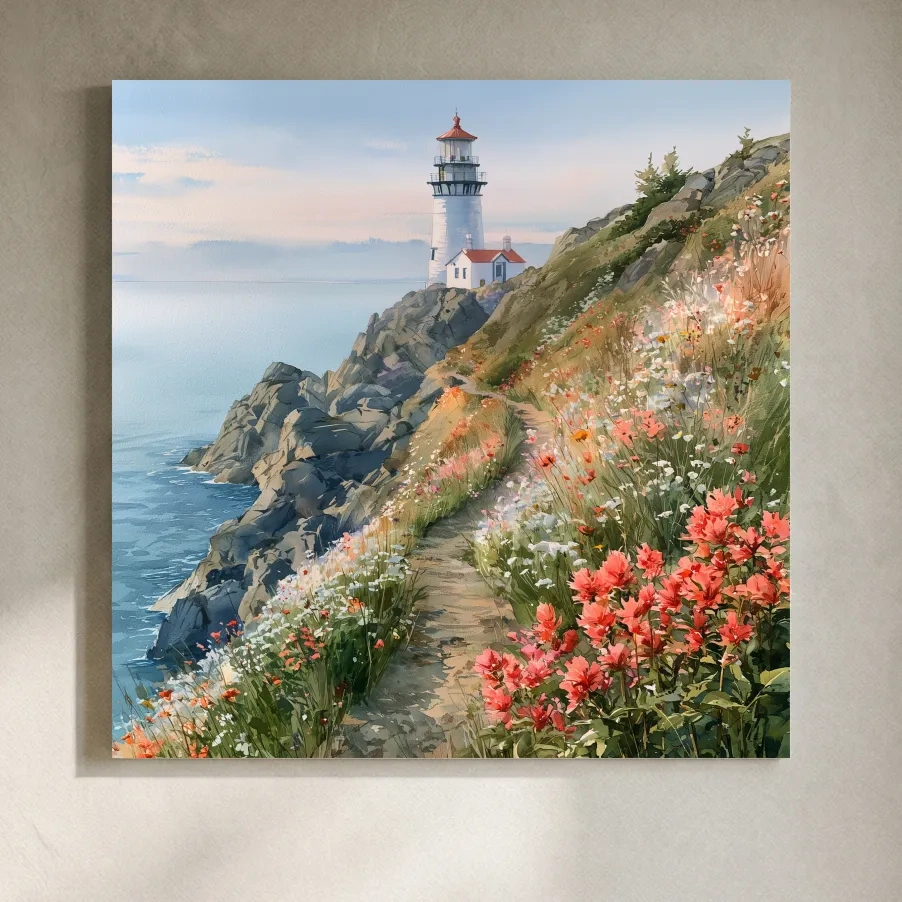 Wildflower Cliff Lighthouse Painting - Serene Coastal Wall Art