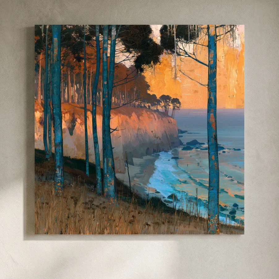 Abstract Coastal Cliffs And Pine Trees - Golden Sunset Illustration Wall Art