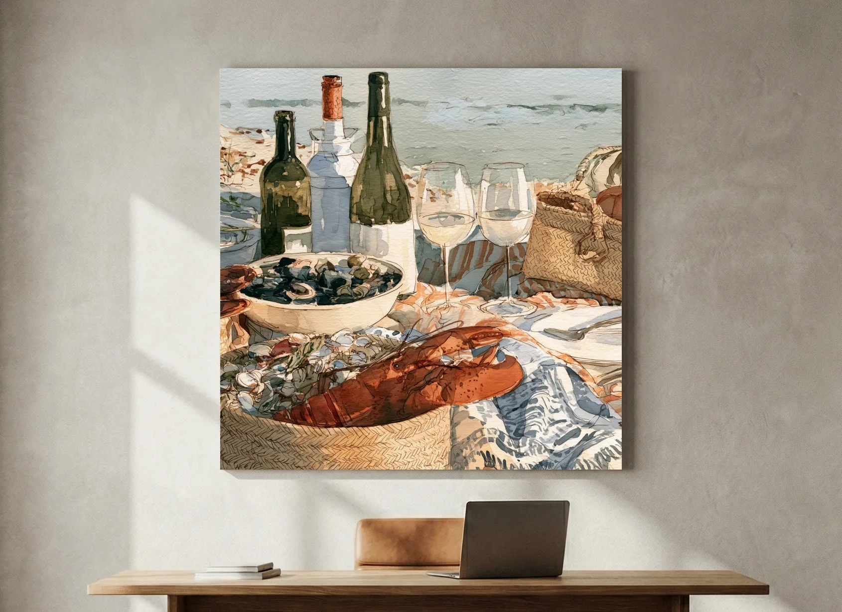 Watercolor Lobster Wine Picnic - Coastal Still Life Wall Art