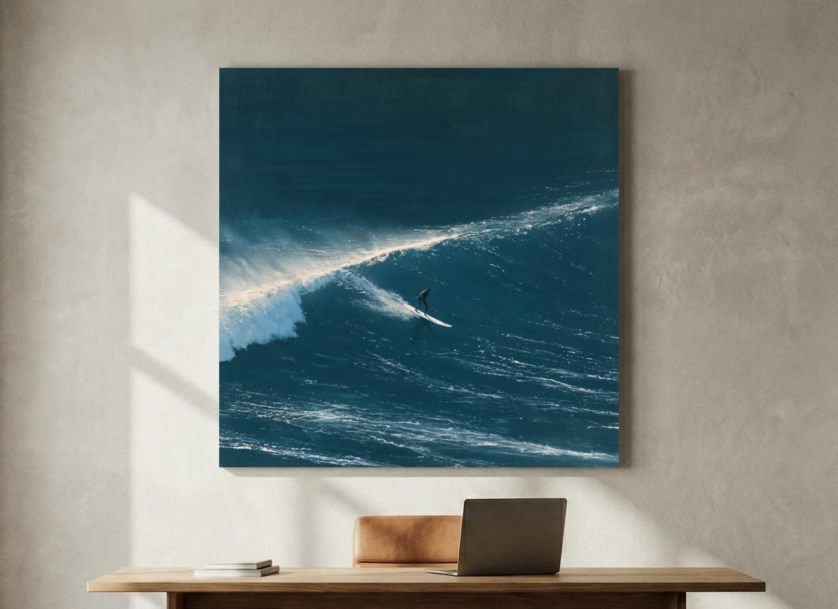 Surfer Riding Ocean Wave - Dramatic Longboard Painting Wall Art