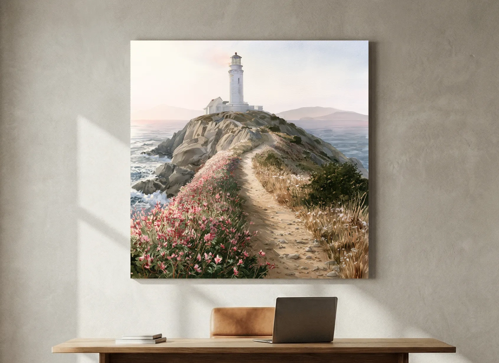 Lighthouse Cliff Painting - Serene Landscape Wall Art