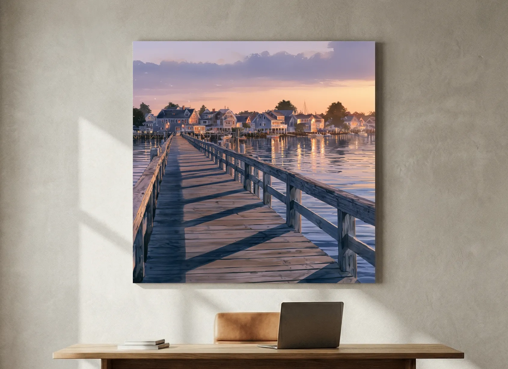 Golden Hour Harbor Boardwalk Painting - Serene Coastal Wall Art