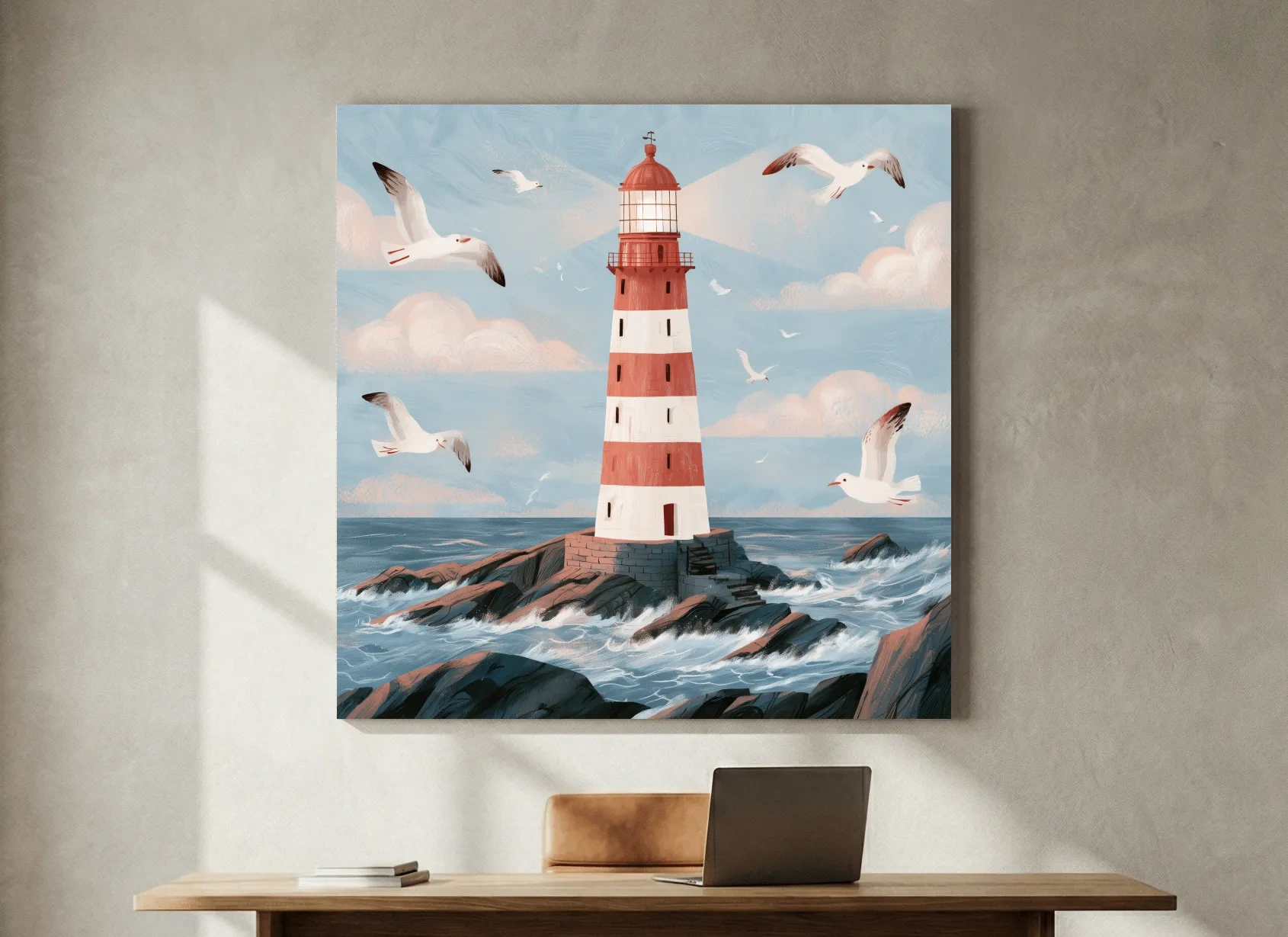 Whimsical Scandi Lighthouse Seagull Painting - Coastal Wall Art