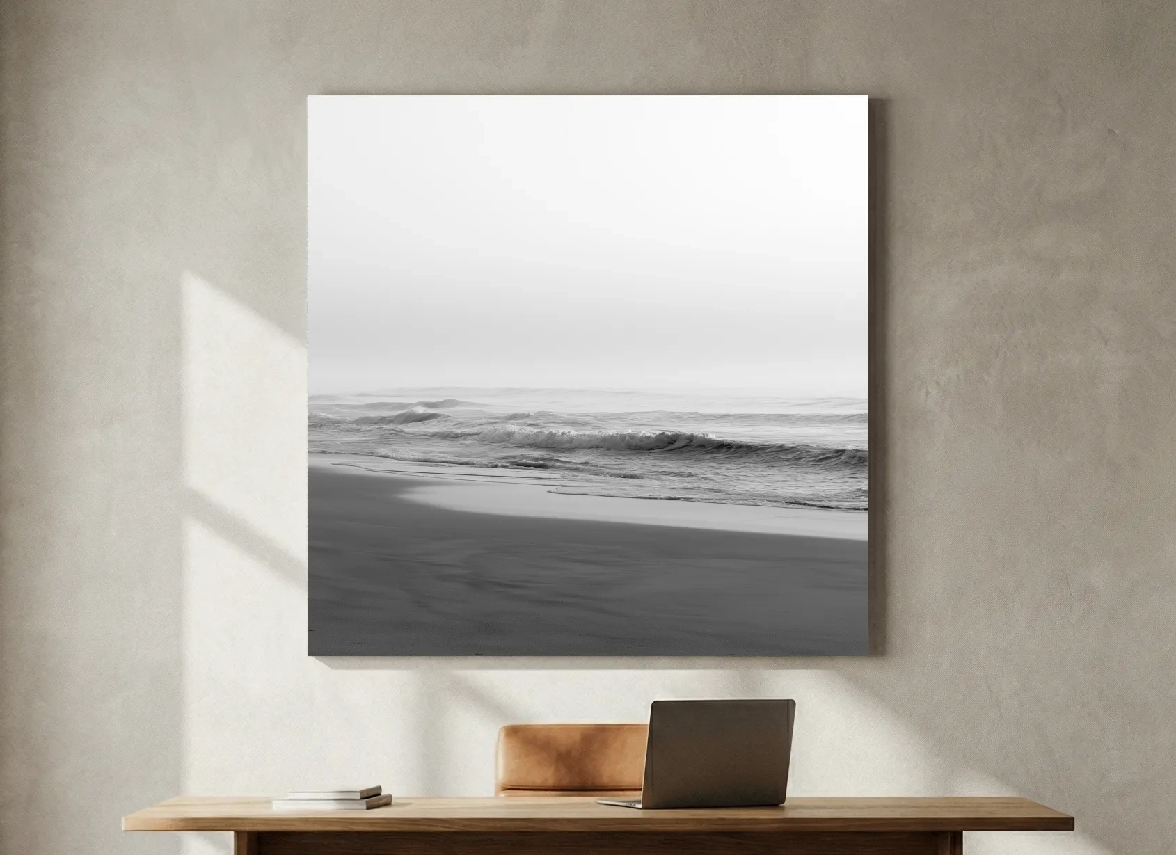 Misty Beach Waves - Minimalist Photographic Wall Art