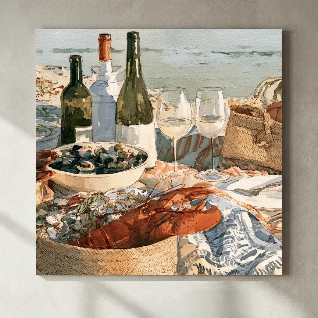 Watercolor Lobster Wine Picnic - Coastal Still Life Wall Art