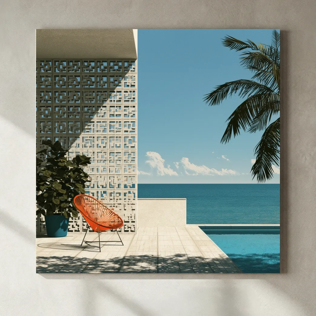 Mid Century Tropical Patio Illustration - Modern Ocean Wall Art