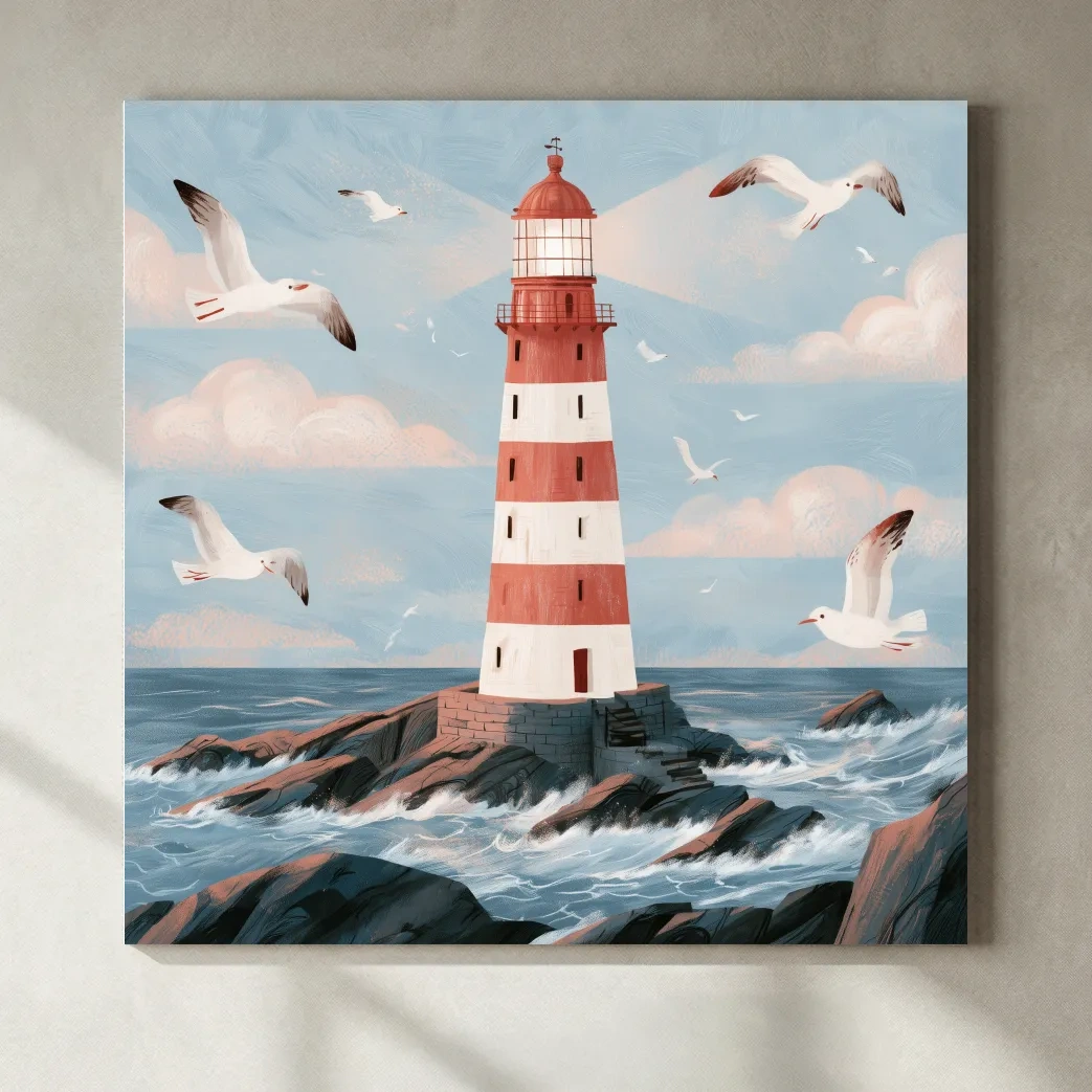 Whimsical Scandi Lighthouse Seagull Painting - Coastal Wall Art