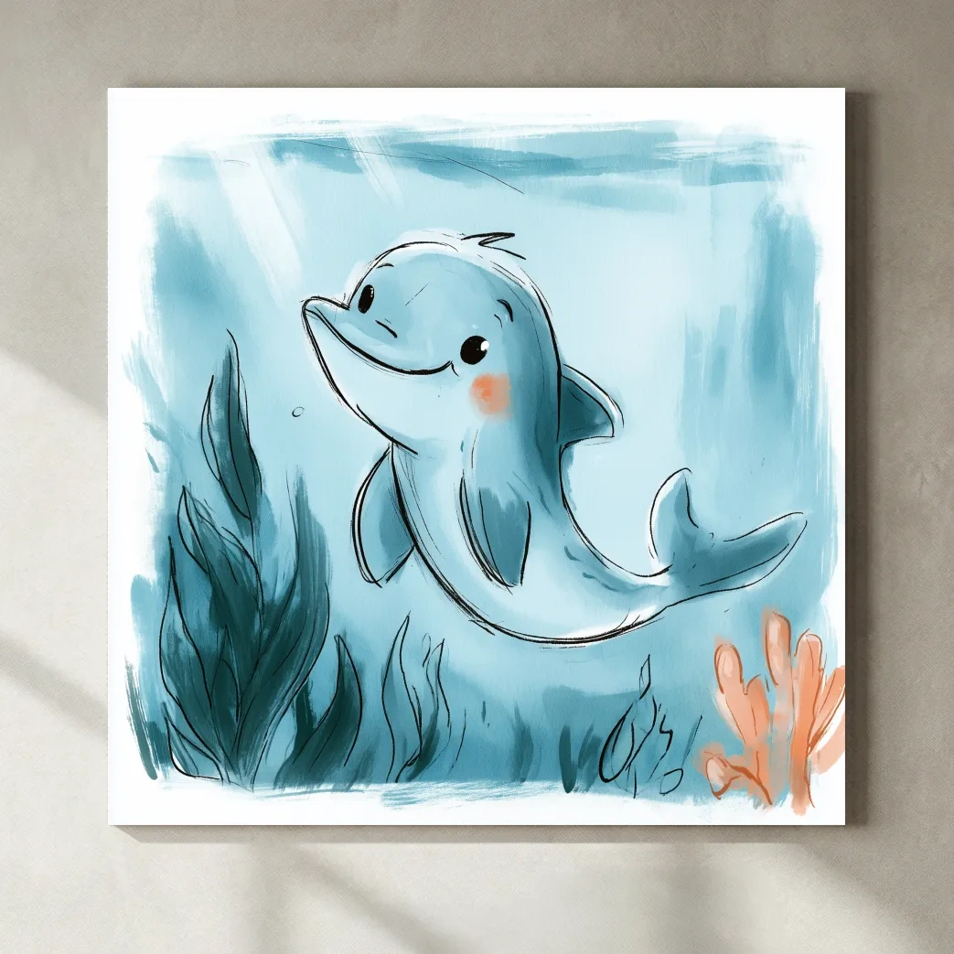 Cute Underwater Dolphin Watercolour Illustration - Nursery Marine Life Wall Art