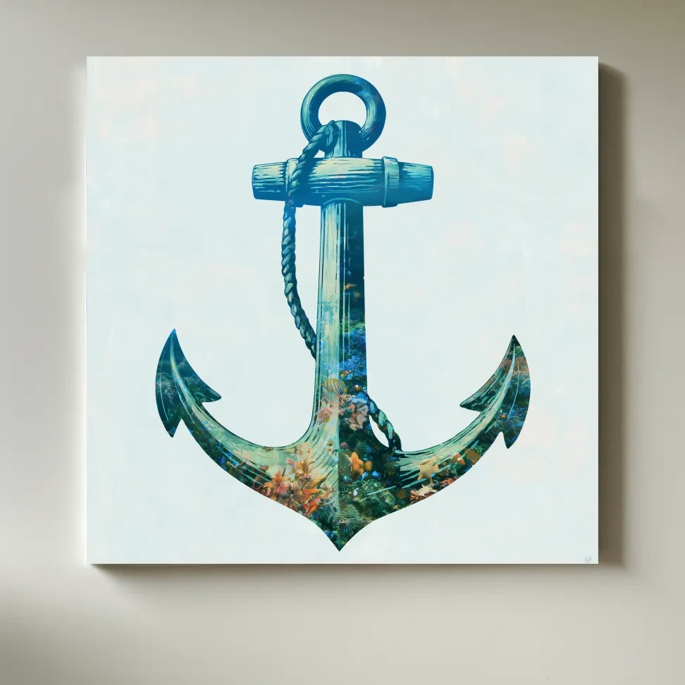 Underwater Anchor Double Exposure - Minimalist Marine Illustration Wall Art
