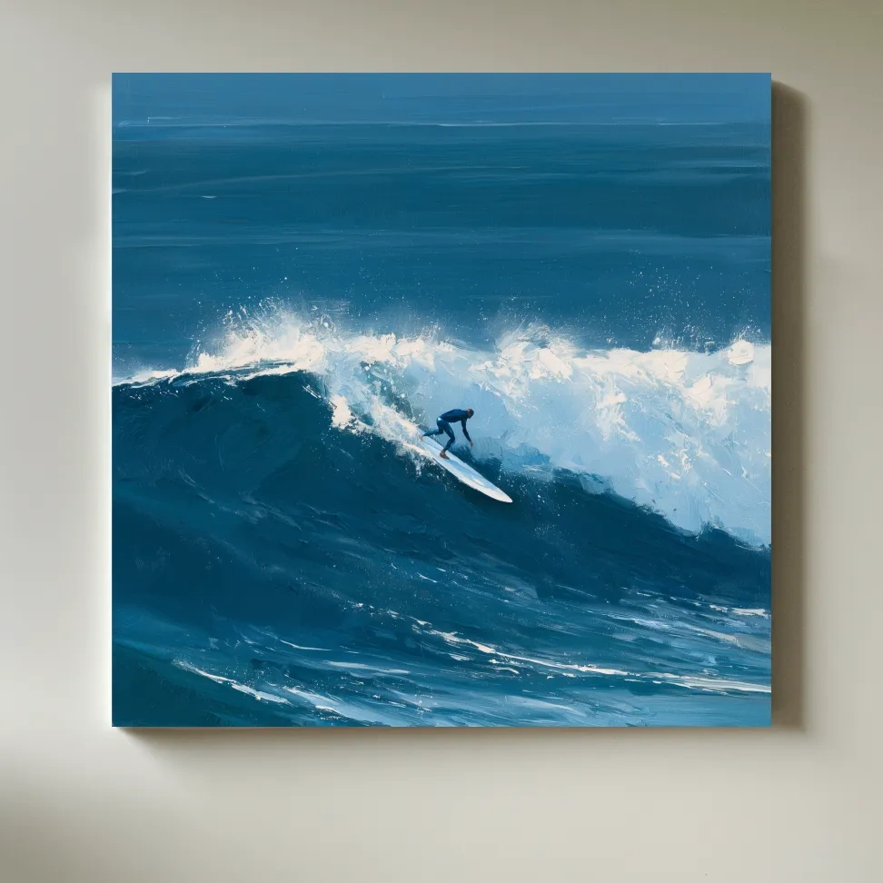 Classic Longboard Surfer Riding Wave - Dynamic Ocean Painting Wall Art