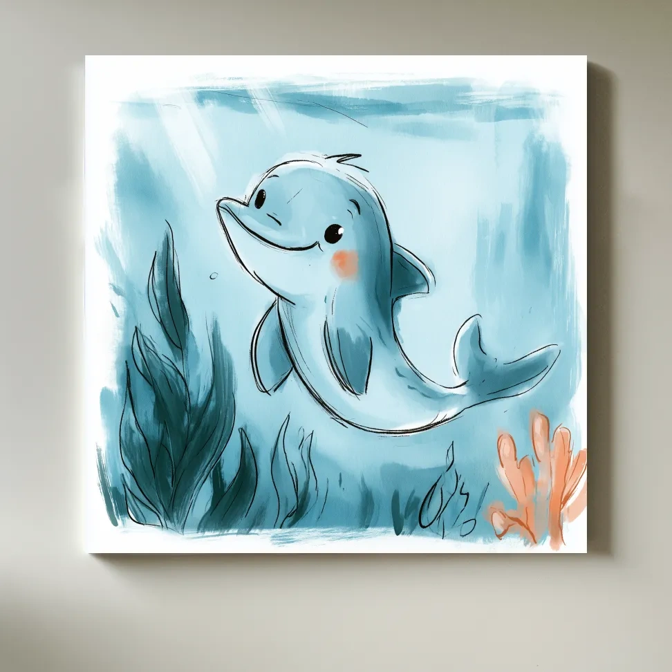 Cute Underwater Dolphin Watercolour Illustration - Nursery Marine Life Wall Art