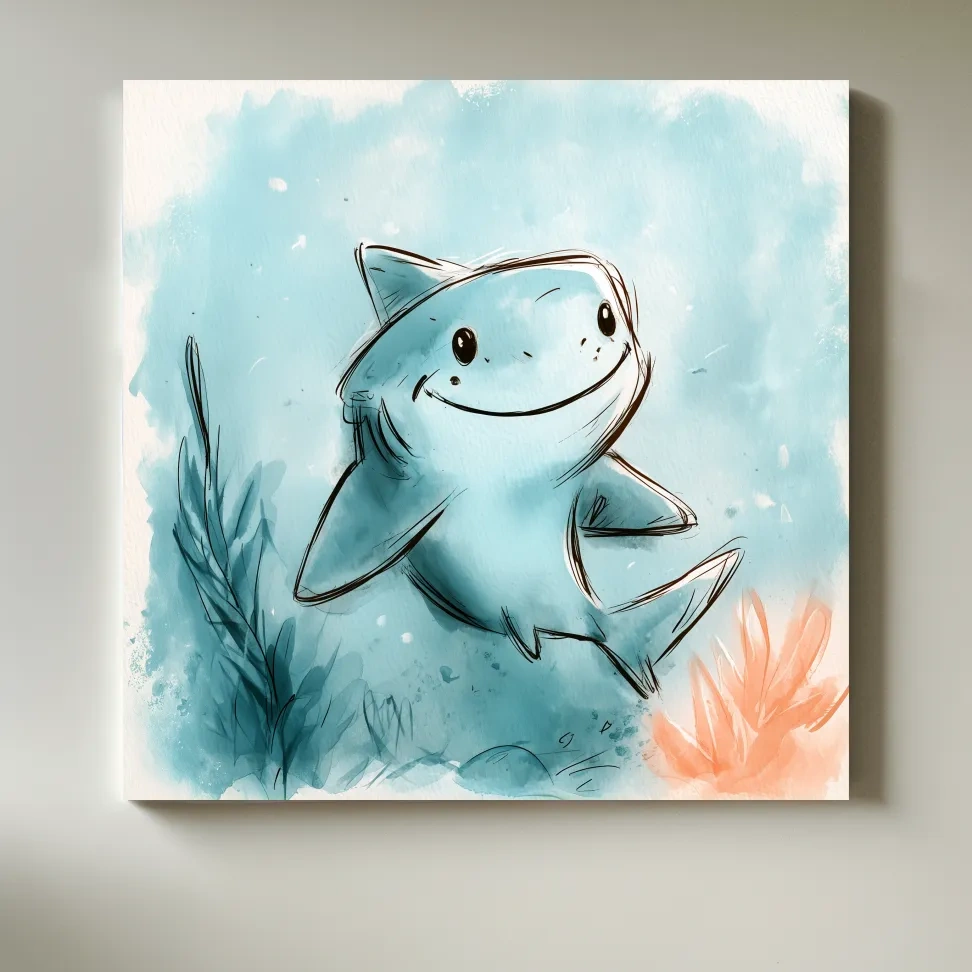 Cute Happy Shark Watercolour Illustration - Underwater Nursery Marine Life Art