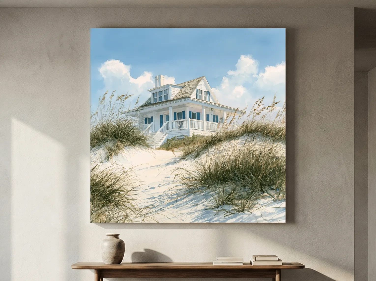 Serene Beach Cottage Painting - Coastal Dune House Wall Art