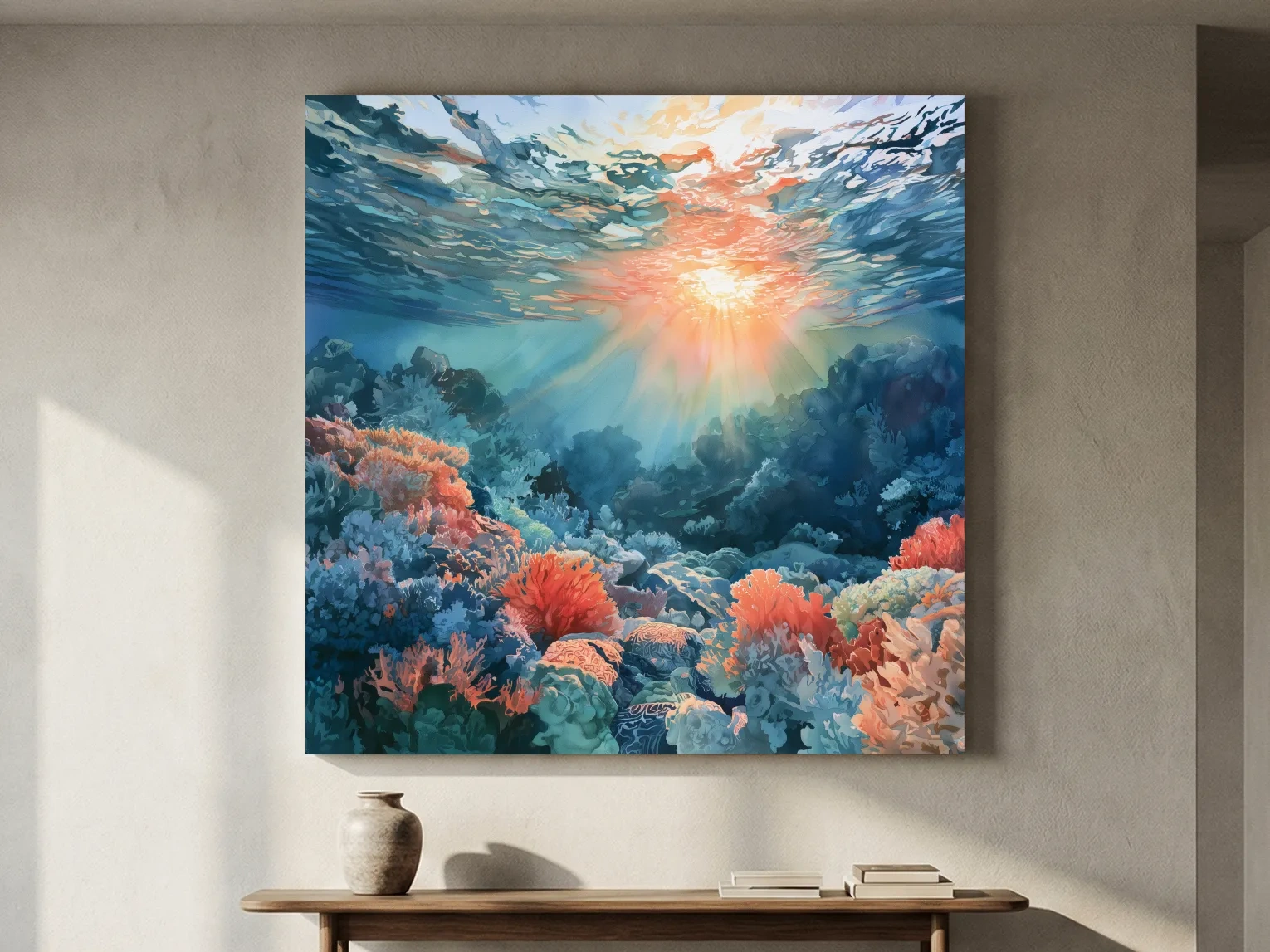Sunlit Coral Reef Seascape Painting - Vibrant Underwater Wall Art