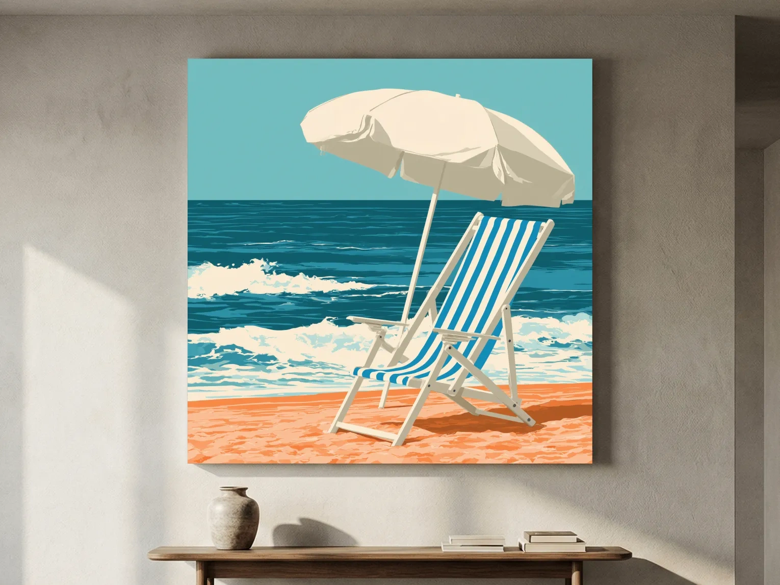 Mid-Century Beach Chair Umbrella - Retro Ocean Vector Wall Art