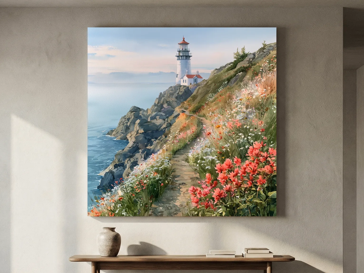 Wildflower Cliff Lighthouse Painting - Serene Coastal Wall Art