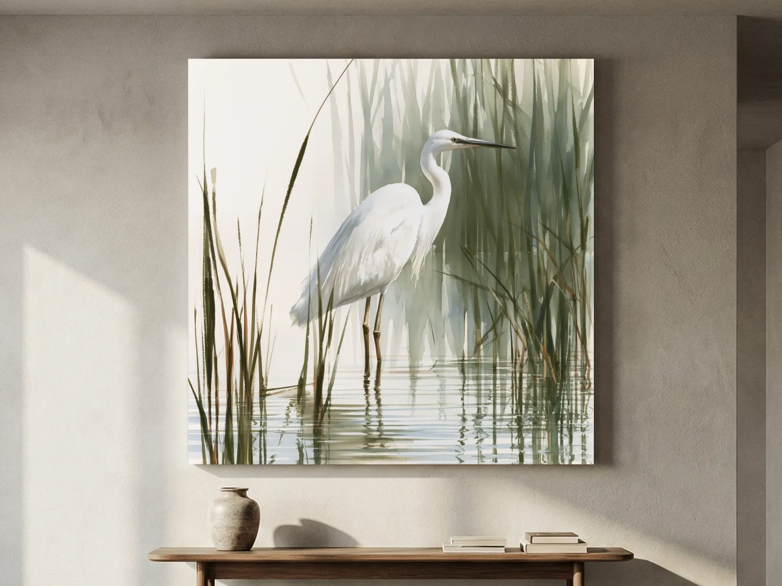 Serene White Heron Watercolor - Marsh Bird Wall Art