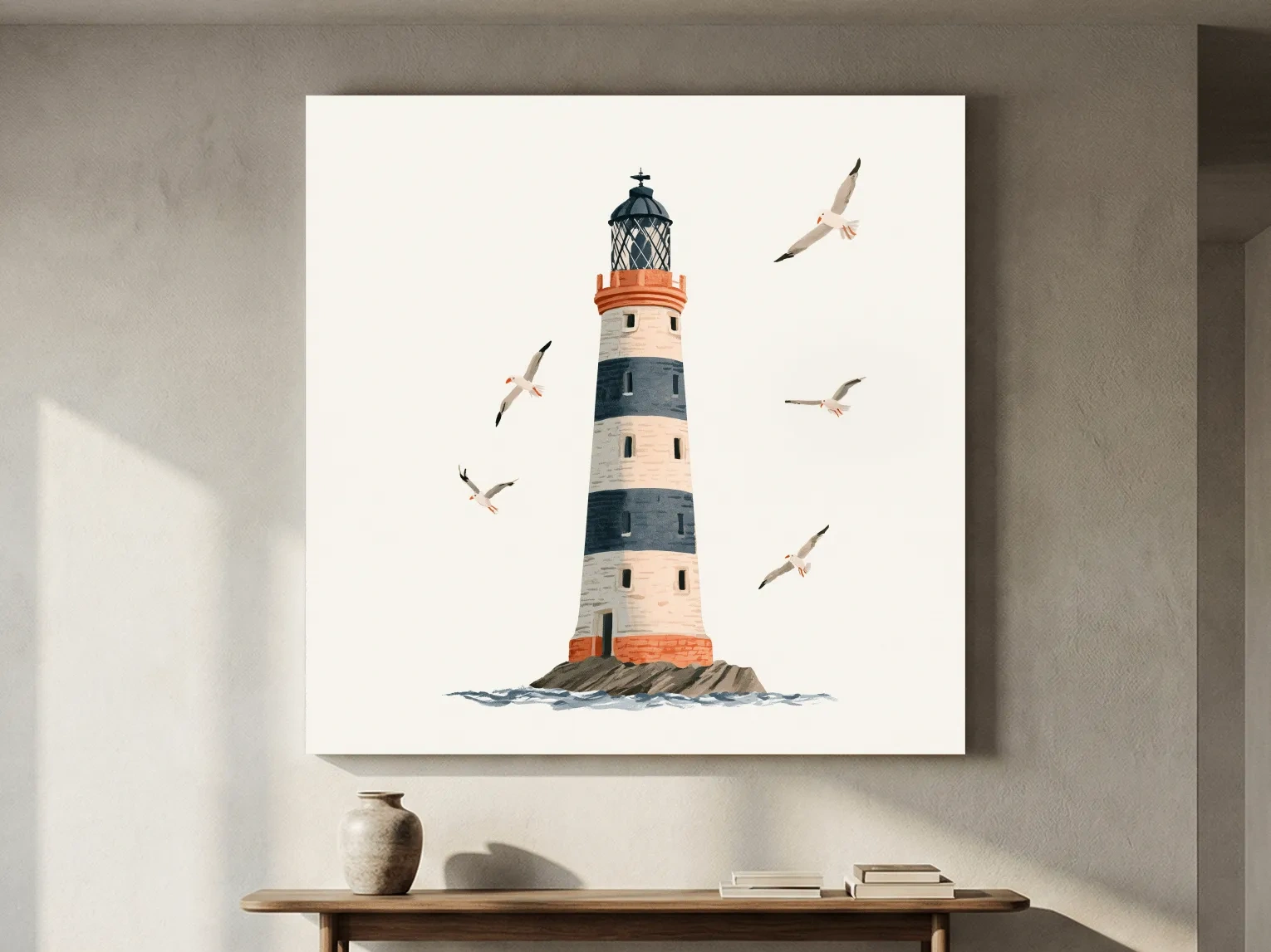 Whimsical Scandi Lighthouse Painting - Coastal Seagull Wall Art
