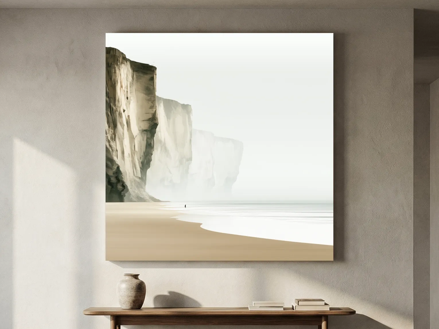 Misty Coastal Cliffs Beach Illustration - Minimalist Landscape Wall Art