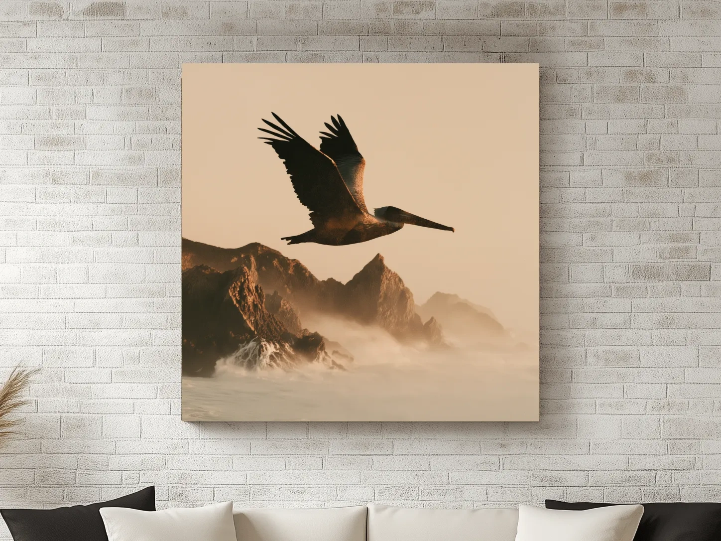 Majestic Pelican Silhouette Over Misty Coastline - Photographic Style Wall Art
